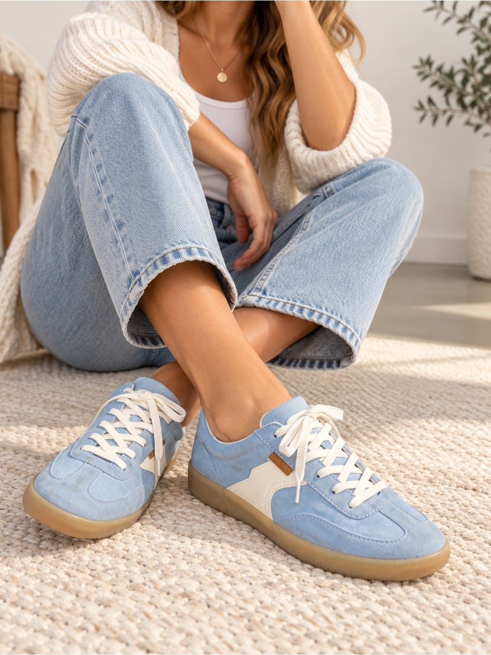 Dr. Scholl's Women's Pastel Blue Suede Sneakers with Cream Accents